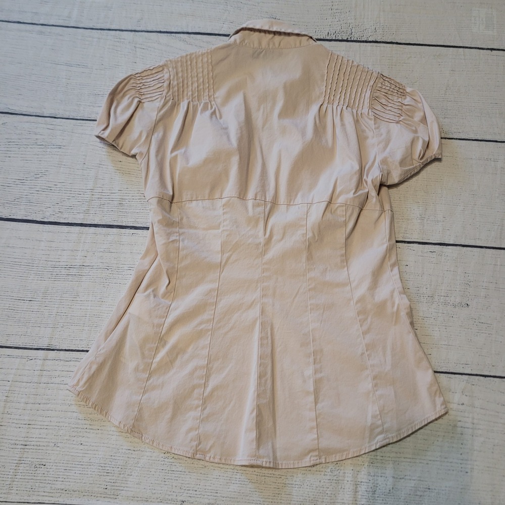 Zara Woman Women S Blouse Tan Pintuck Puff Sleeve V-Neck Side Zip Tailored Top - Picture 2 of 7